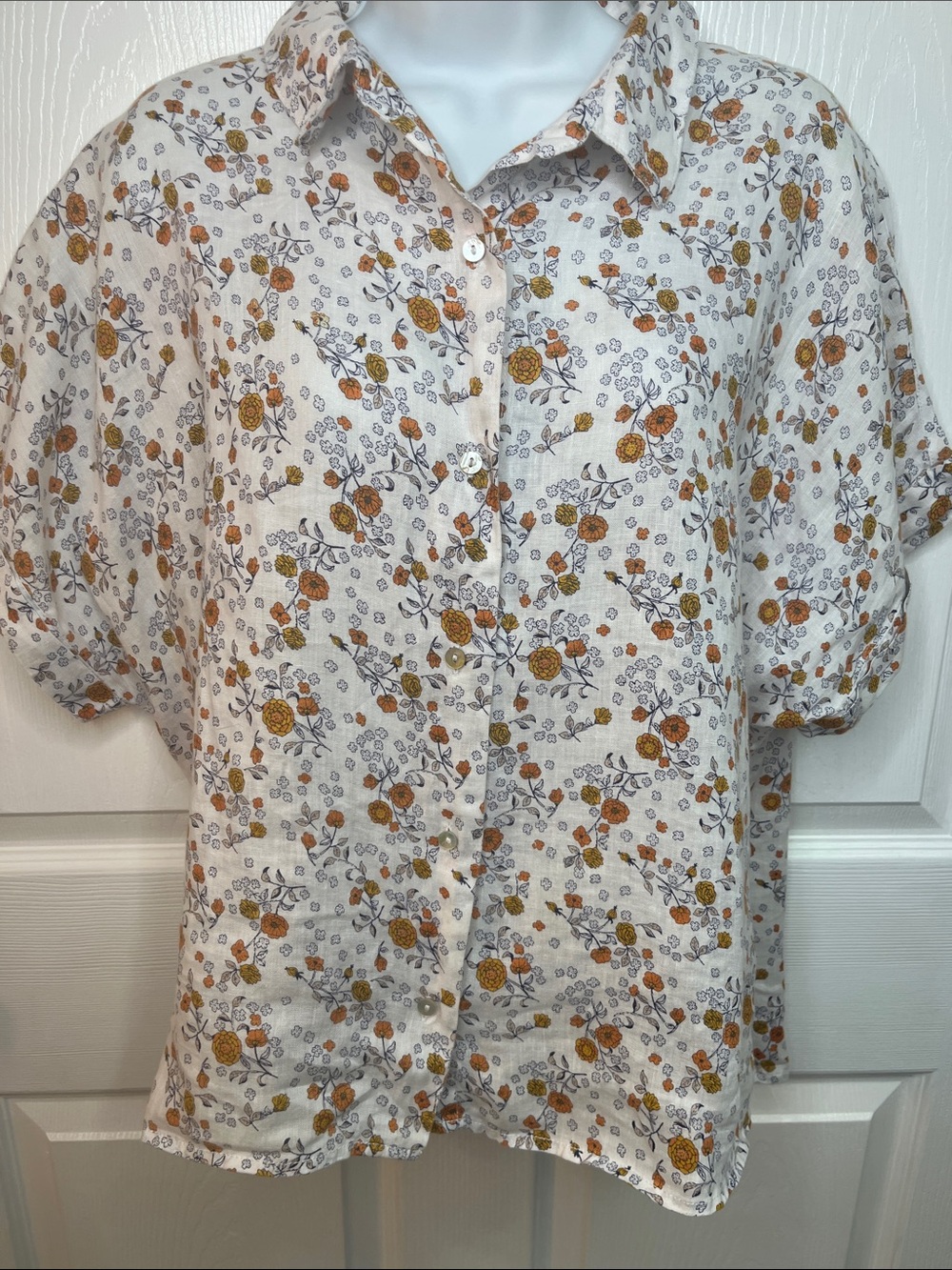 Linen White Button Down Shirt with Mustard Floral Print Size Large